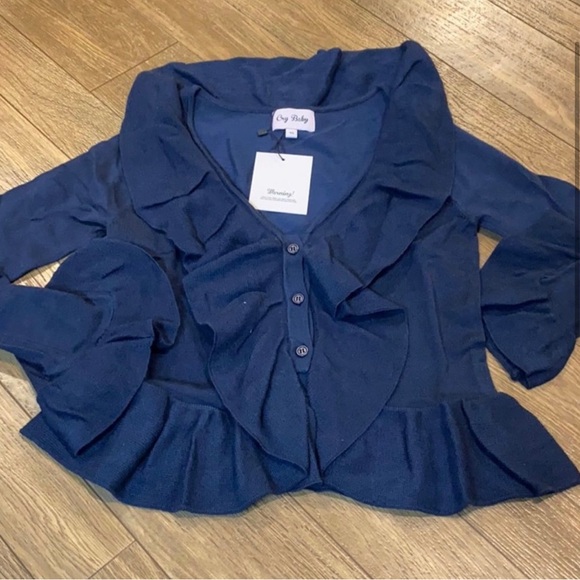 Ruffle Top Navy Blue Cry Baby Long Sleeve Cardigan Peplum Button Down V Neck XS - Picture 2 of 5